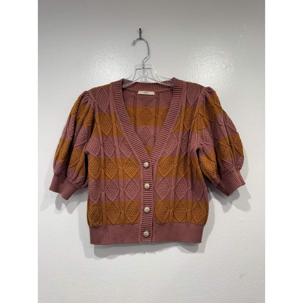 SESSUN Elva Jaquard Striped Sweater Button Front Size Small Wool Blend Preppy